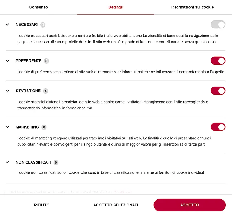 Opzione di selezione specifica per accettare o rifiutare le varie categorie di cookie • Privacy policy e cookie banner: sicuro di essere a norma? • News Travolgi